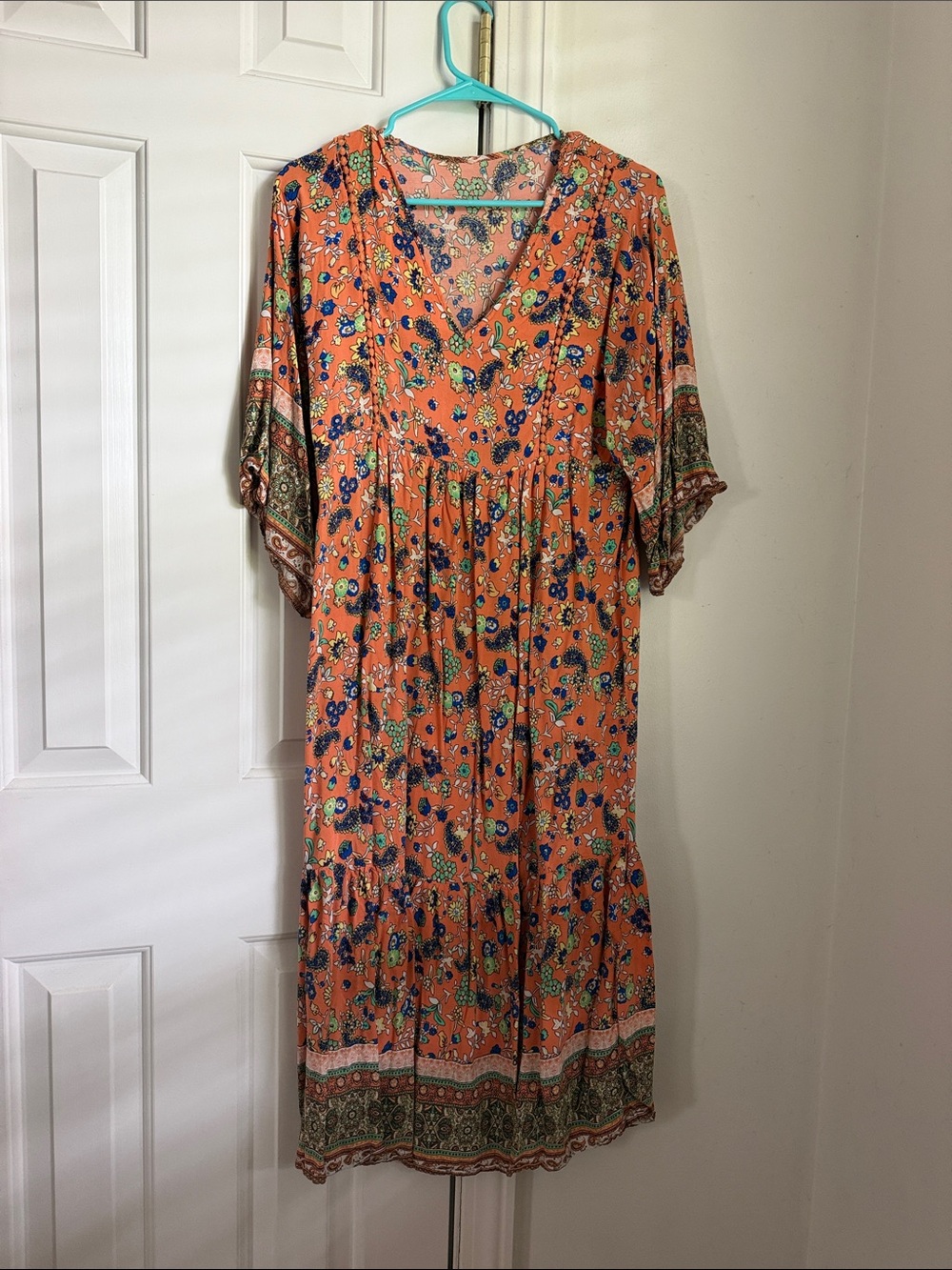 Boho Floral V-Neck Midi Dress in Orange